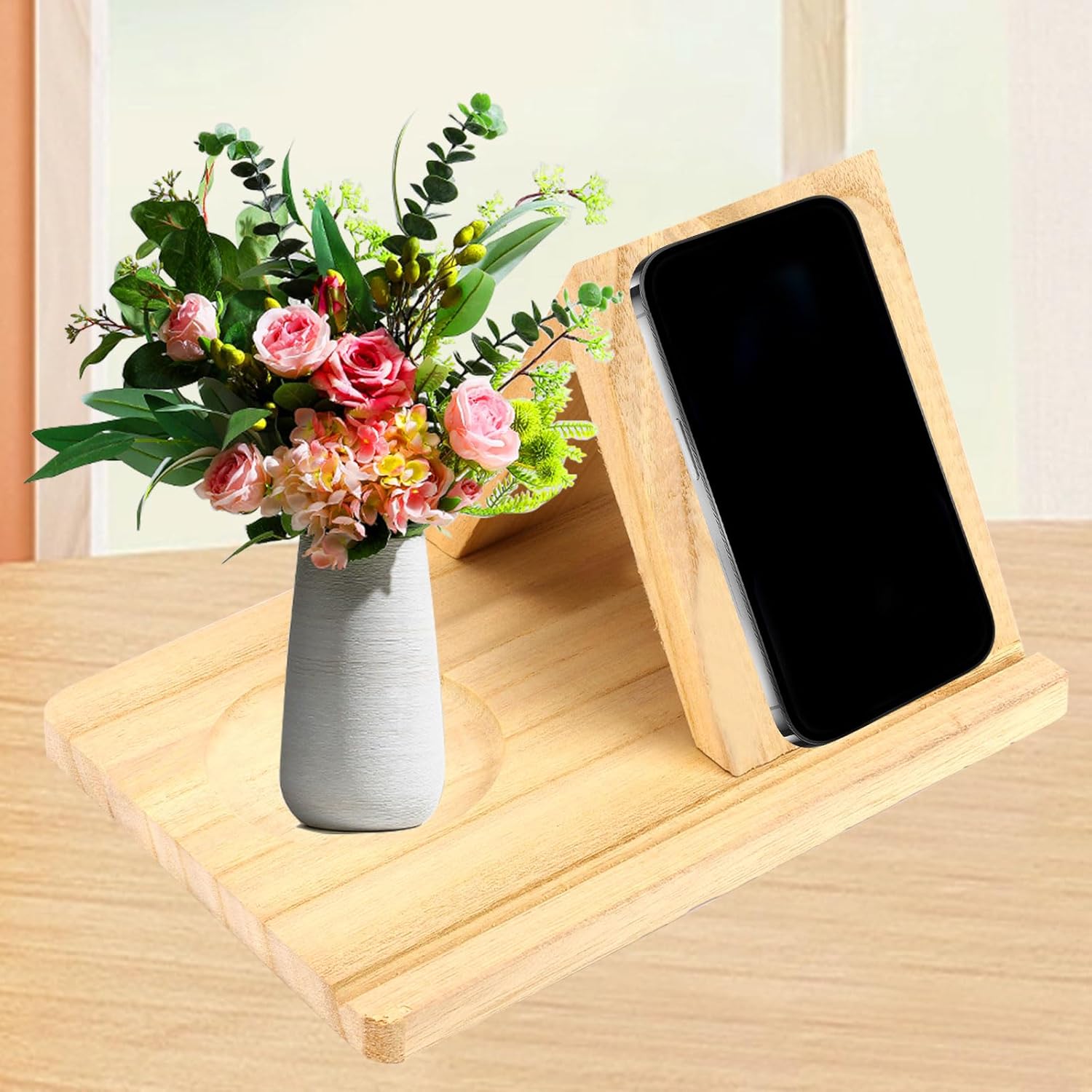 Solid Oak Wooden Triangle Book Stand, Bookshelf Book Rest with Cup Holder, Hands Free Cookbook Stand for Reading (Non-Patterned)