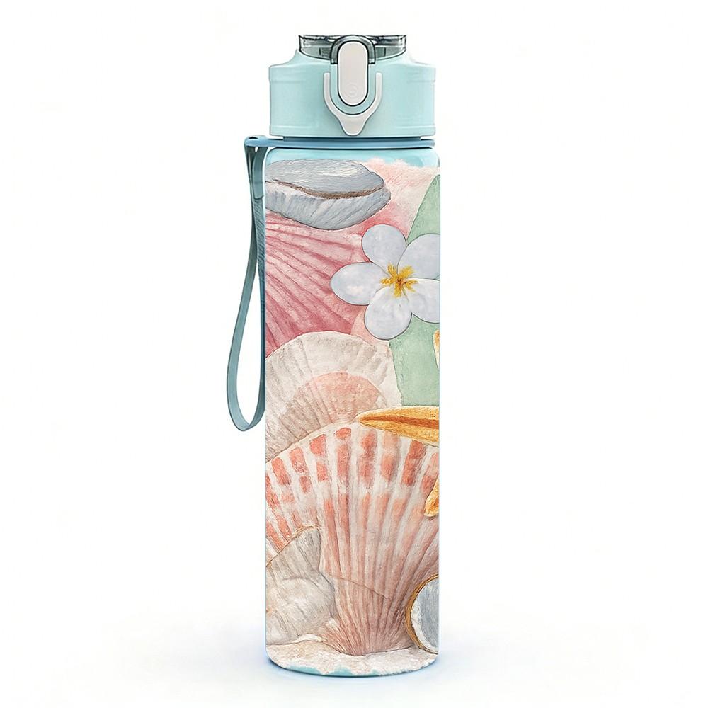 1PC Seashell Starfish Beach Ocean Print 750ml Color Plastic Sports Water Bottle Leakproof Flip Straw Lid Suitable for Sports Office Home Use