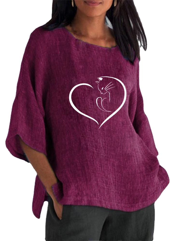 

Женская модная рубашка с принтом и круглым вырезом, весна-лето, топ с рукавом 3/4, женская хлопково-льняная блузка 5XL фиолетовый