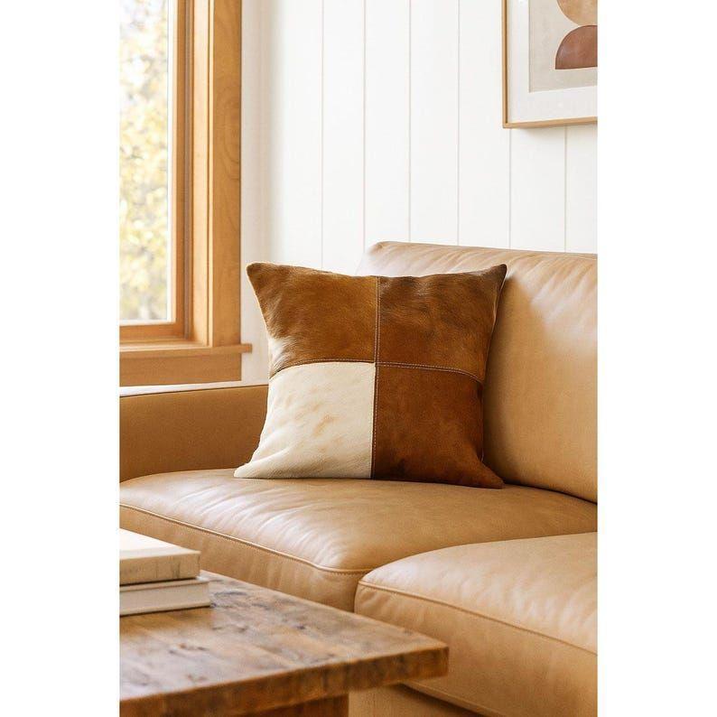 Natural Leather Cowhide Cushion Cover - Handmade Patchwork Pillow  Melbourne Leather Gift For Her Him Birthday Anniversary