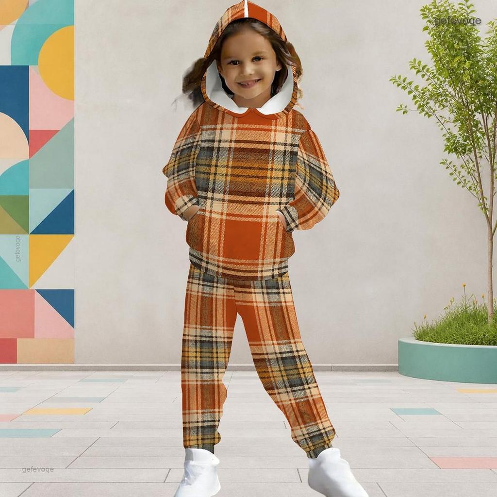 Girls Colorful Geometric Printed Hooded Long Sleeve Two Piece Pants Set Kangaroo Pocket Cuffed Pants