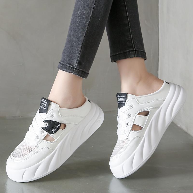 CRLAYDK Women's Mesh Sneakers Platform Slip On Hollow Out Mules Backless Low Top Walking Shoes for Summer White Casual Clipper
