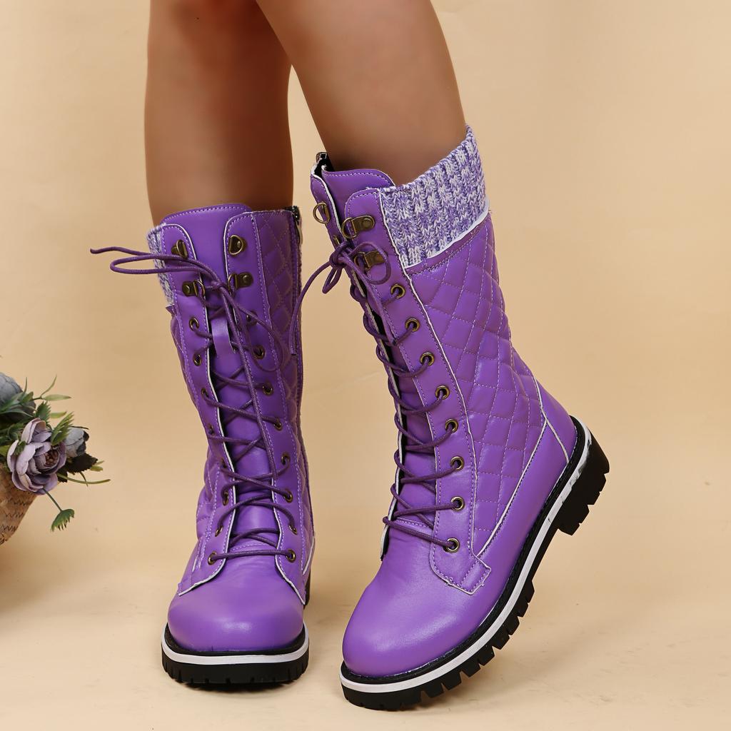 High-quality Winter Warm Boots Women's Winter Side-pull Lace-up Knitted Mid-tube Boots Low-heeled Round-toe Boots Botas De Mujer