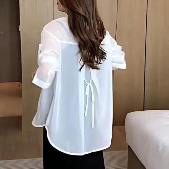 Women Sun Protection Shirt Lapel Long Sleeve Back Lace-up Chiffon Tops Solid Color Single Breasted