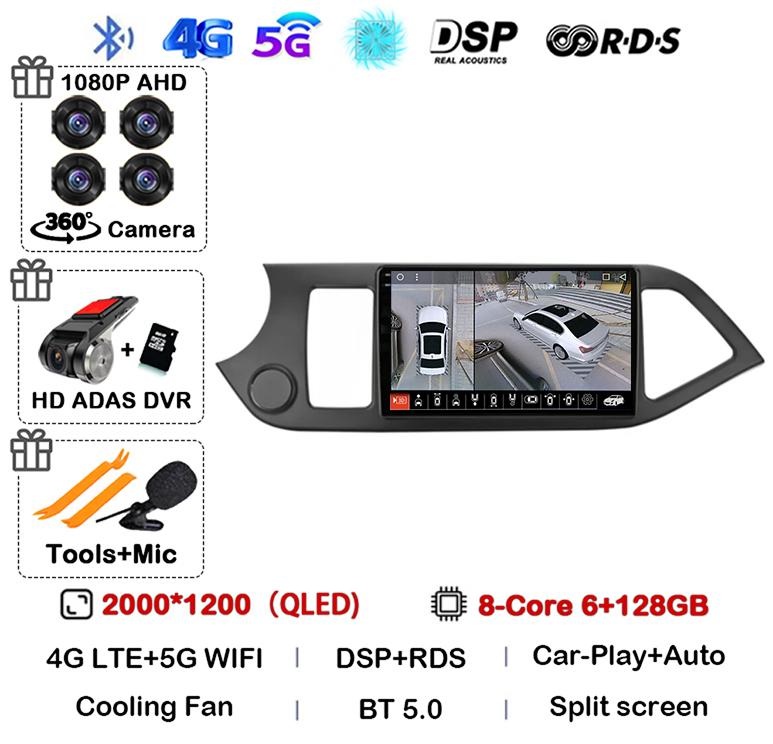 Android 14 Carplay Auto For KIA PICANTO Morning 2011 2012 2013 2014 2015 2016 Multimedia Car Radio Navigation Player WIFI+4G DSP