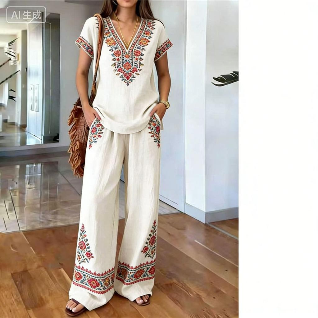 1116 new European and American casual style printing set full of pattern design high waist and wide leg pants two-piece set for women