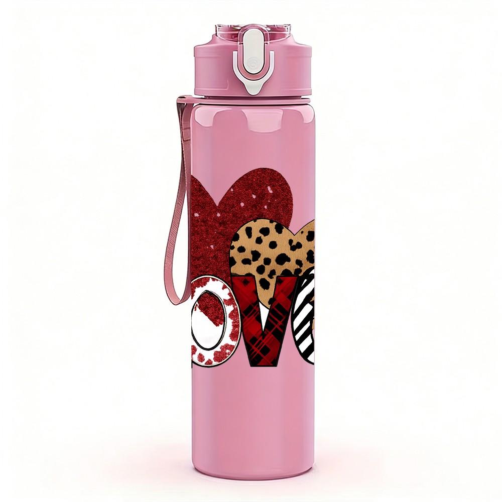 1PC Leopard Pattern Love Heart 750ml Color Plastic Sports Water Bottle Leakproof Flip Straw Lid Suitable for Sports Office Home Use