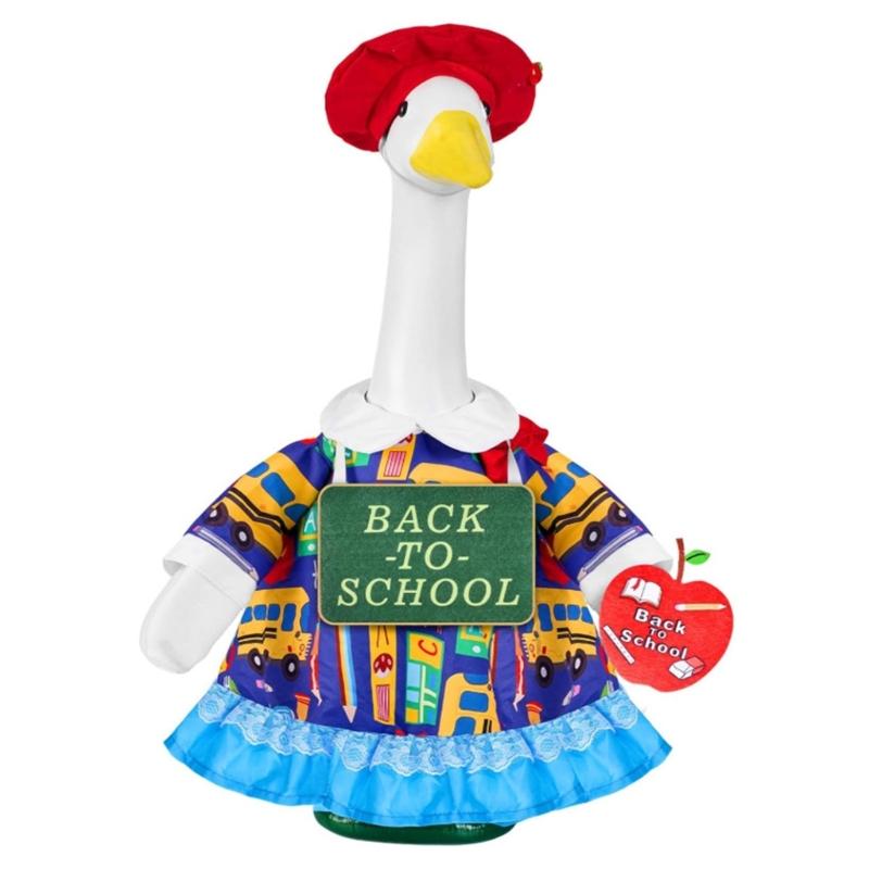 Porch Display Clothes for School Season, Polyester Dress Outfit with Red Cap, Sign and Fruit Charm for Garden Entry Placement, Figure Not Included
