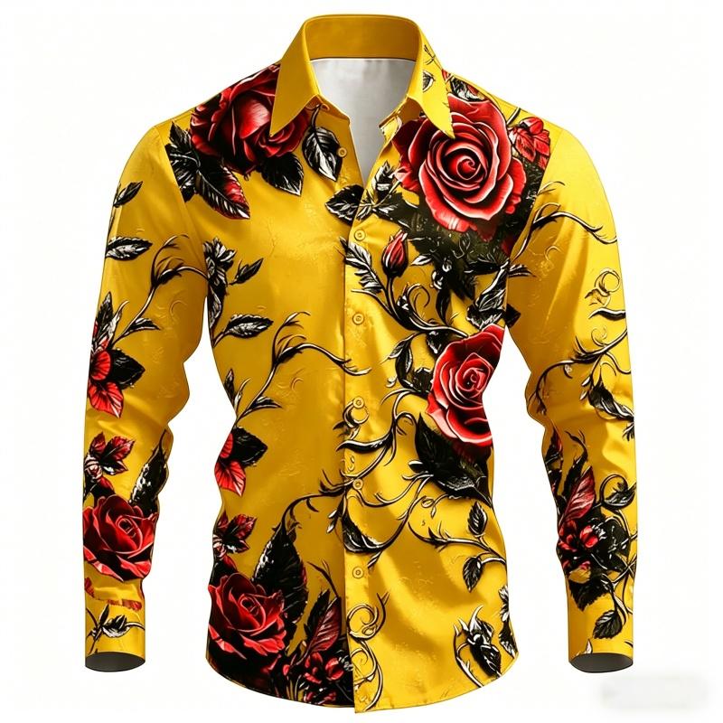 2026 New Men's Shirt with Black Background and Red Rose Print, Slim Fit and No Iron Business Casual Shirt, Versatile Top