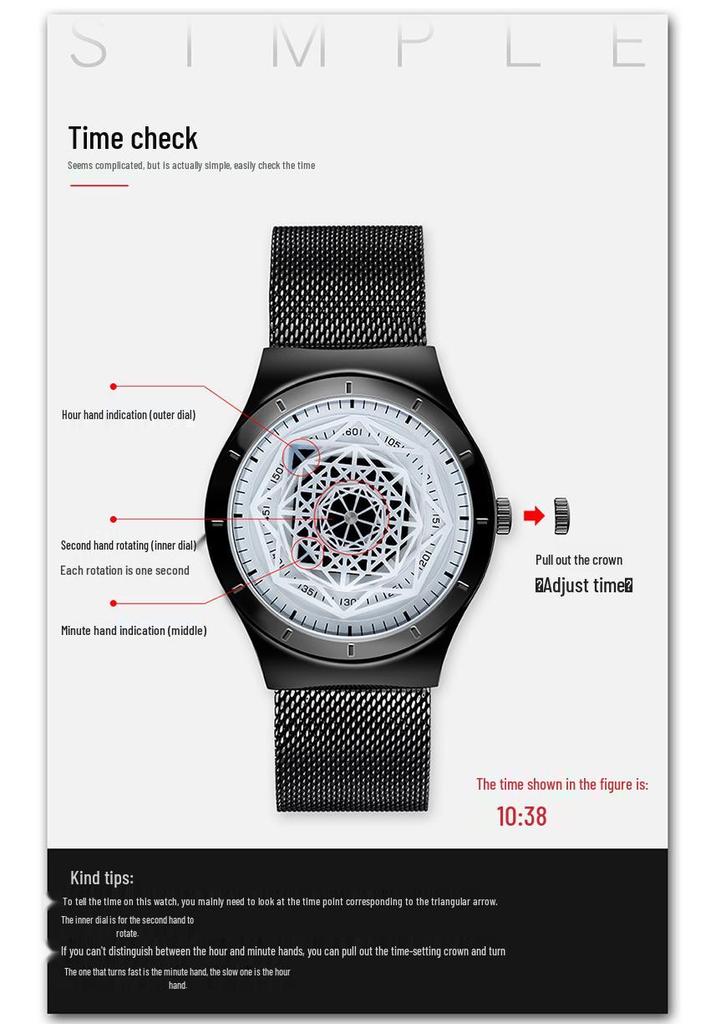 Sanda Men's Quartz Watch with Geometric Dial and Leather or Mesh Strap