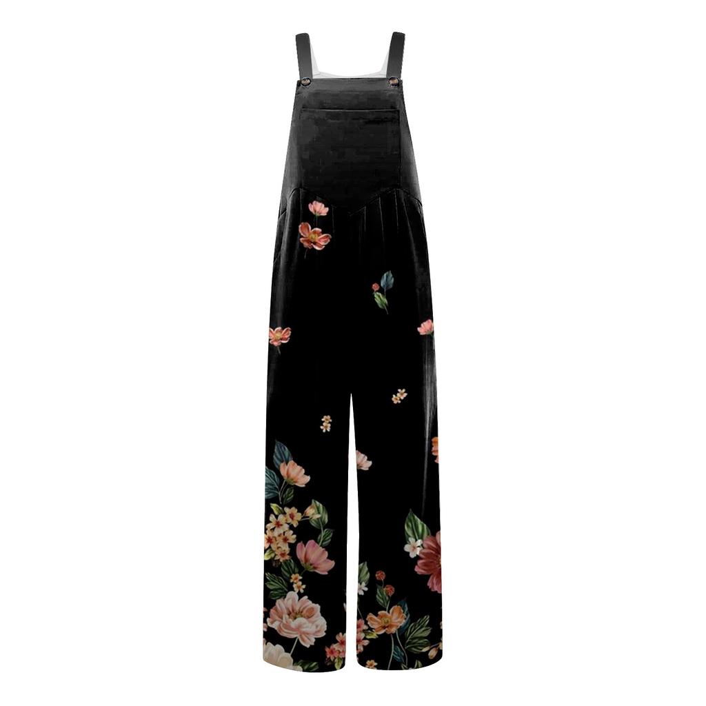 Women's Casual Loose Printed Sleeveless Tank Top Jumpsuit Square Neck Gathered Wide Leg Jumpsuit With Pockets