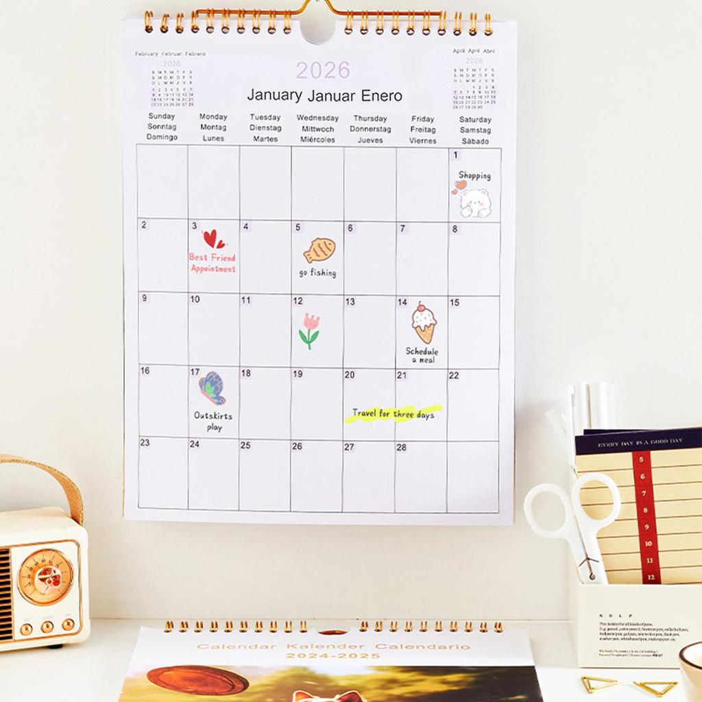 Wall Calendar 2026 Multilingual Coil Calendar for Wall 12 Month Modern Decorative Planner for Bedroom Dormitory Apartment Family