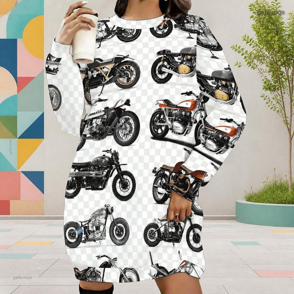 Women Plus Size Round Neck Long Sleeve Cartoon Printed White Yellow Sweatshirt Dress