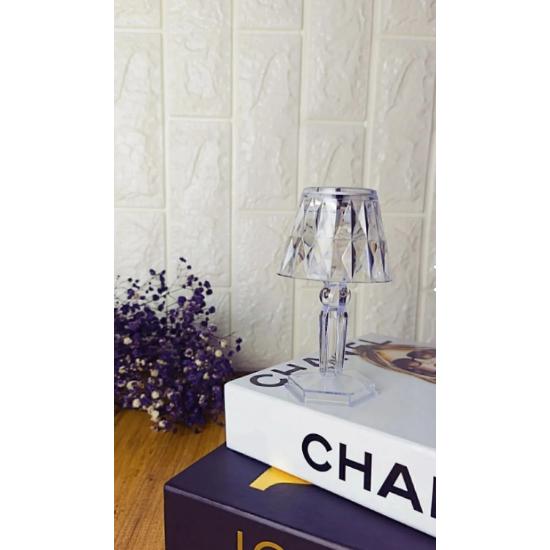 2'li Kristal Elmas Led Masa Lambası Pilli Projeksiyon Mini Şeffaf Abajur Küçük Boy 12 Cm