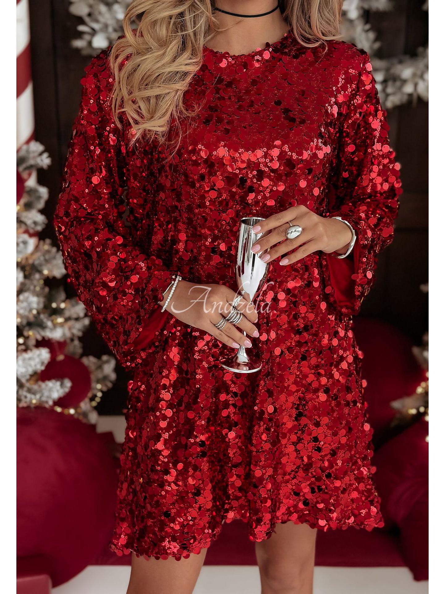 Европейское и американское праздничное платье с пайетками и длинным рукавом Large красный
