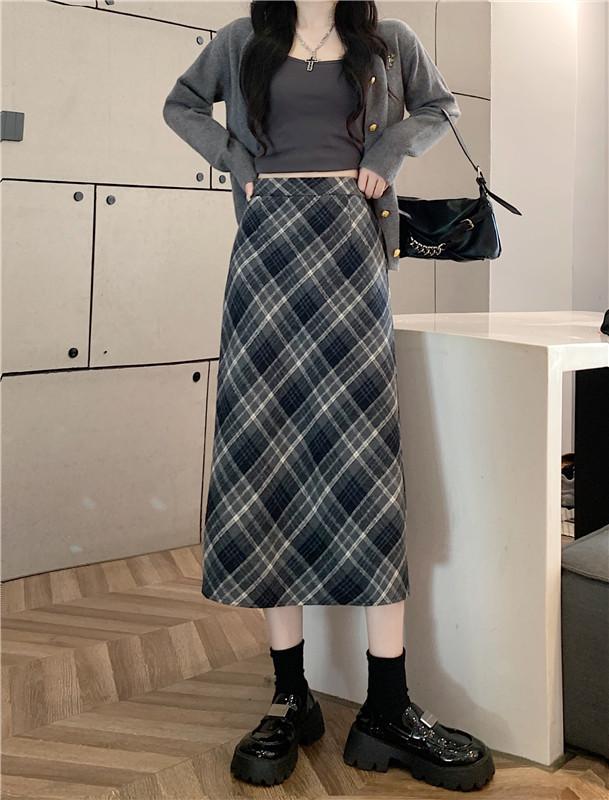 

Plus Size Women s Korean-Style Plaid Woolen High Waist Long Skirt for Winter XL чёрный/синий