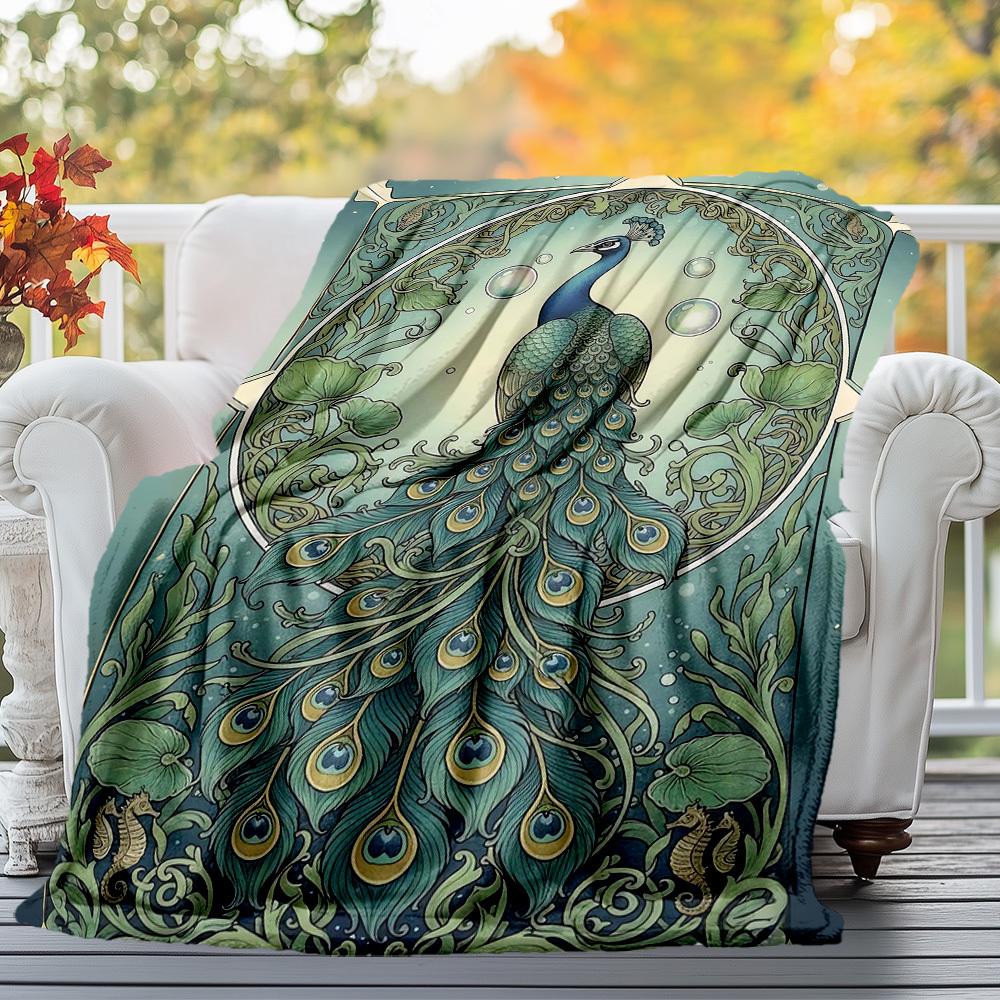 1 Stück Pfauen Art Nouveau Außen Flanelldecke - Weiches Plüschdekor für Picknicks, Camping, Schlafzimmer, Spielzimmer, Büro oder Mittagspause 1210A