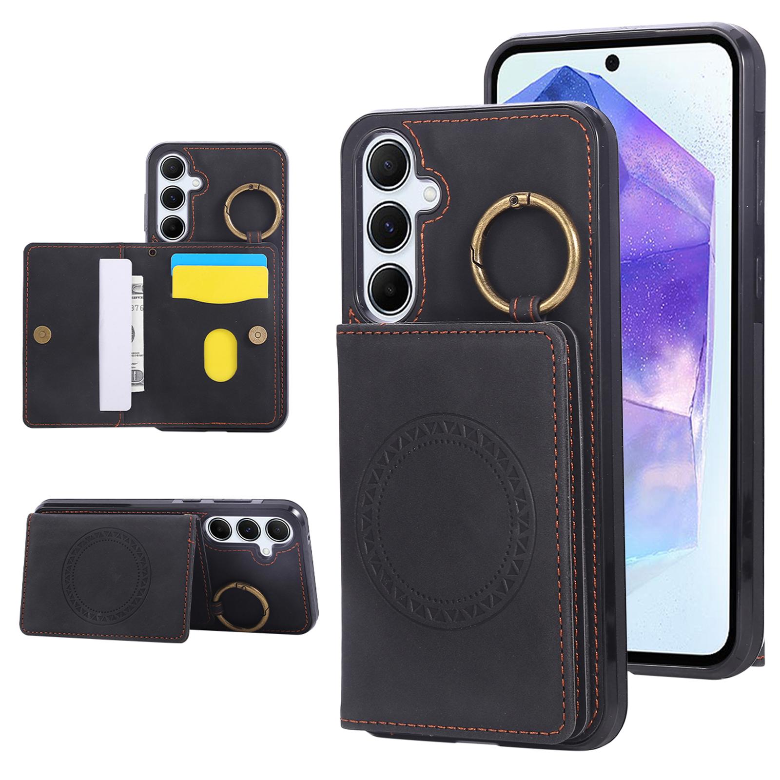 

For Samsung Galaxy A26 5G/A17 Case Card Holder Kickstand Leather+TPU Phone Cover with Ring Holder Black
