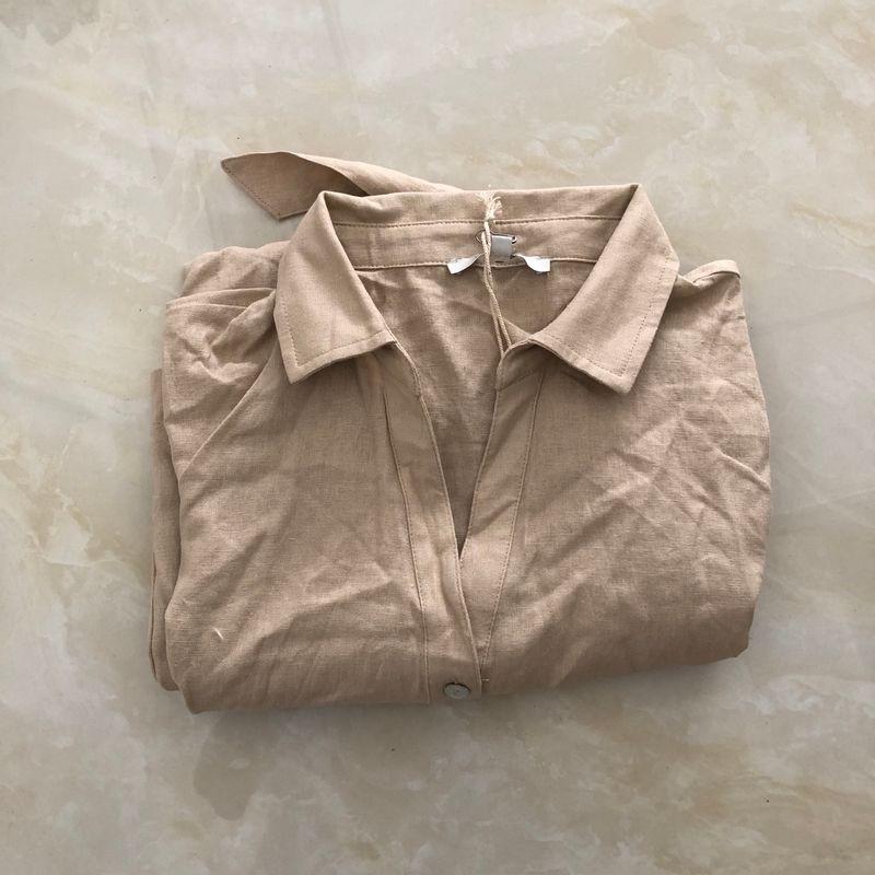 

Shirt Dress Export Short Sleeve Shoelace Waist Casual Linen Khakis B- 20-4-4 L