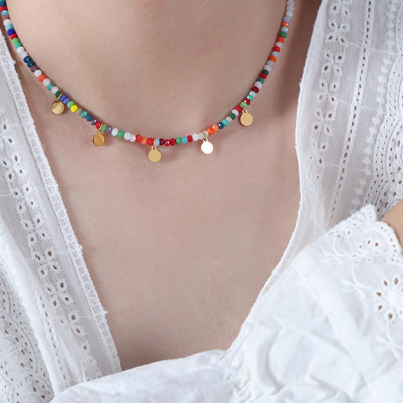 Dopamine Beaded Round Pendant Necklace: Titanium Steel Temperament Lock Chain