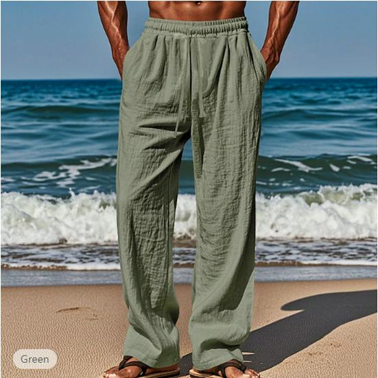

2026 Hawaiian Summer Men s Casual Long Pants, Solid Color, Elastic Waist, with Pockets, Breathable and Comfortable. 3XL