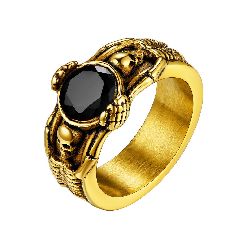Stainless Steel Double Side Skeleton Holding Up Black Stone Skull Rings for Man Retro Gothic Punk Cool Jewelry Gift for Him