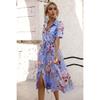 Women's Button Front Floral Short Sleeve Dress Waist Belt A-Line Casual Summer Midi