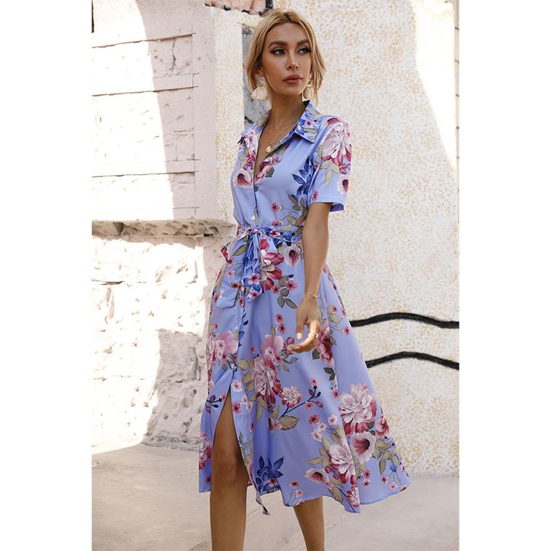 Women's Button Front Floral Short Sleeve Dress Waist Belt A-Line Casual Summer Midi