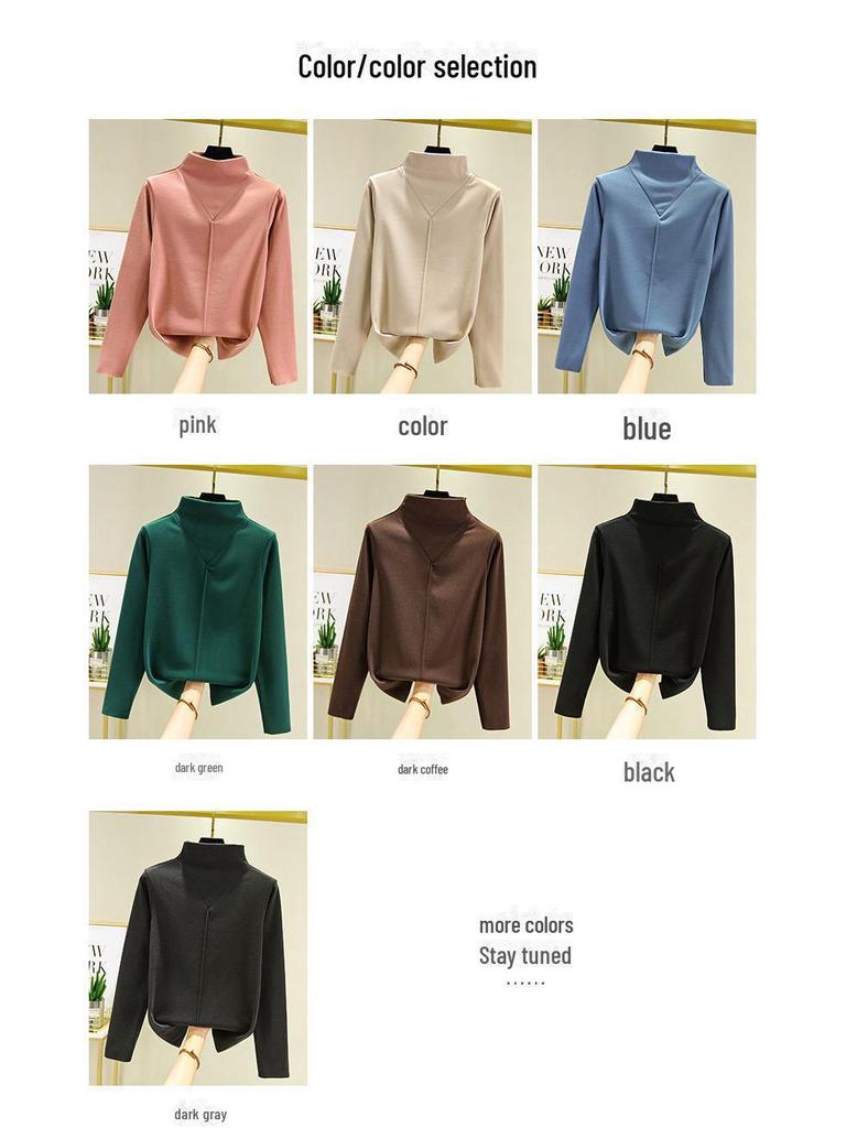 Damska 2024 Jesień & Zima Aksamitna Bluzka Slim z Długim Rękawem i Półwysokim Kołnierzem - Modny i Ciepły Top Studencki