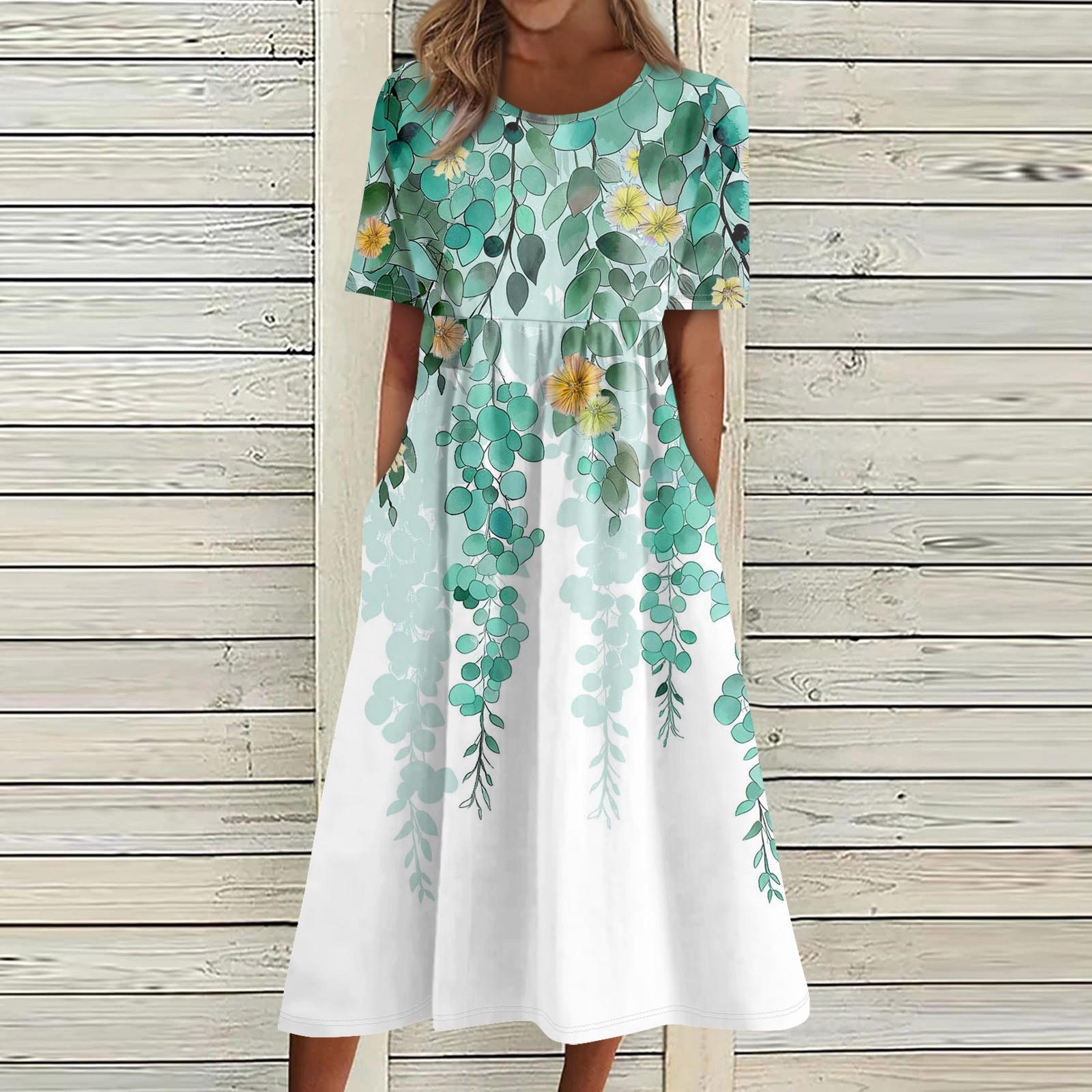 

Летнее платье для женщин, повседневное пляжное свободное платье с короткими рукавами и принтом XL зелёный