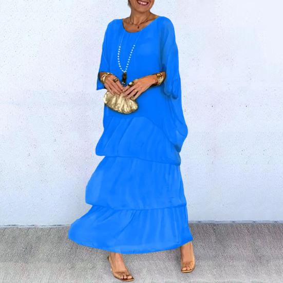 

Женское платье с рукавами «летучая мышь» три четверти и круглым вырезом, сплошной цвет, многослойный подол, свободный мягкий плиссированный, дышащий, длина до щиколотки