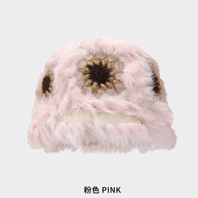 New rabbit fur lion hat women's autumn and winter cute warm plush bucket hat versatile face small handmade bucket basin hat