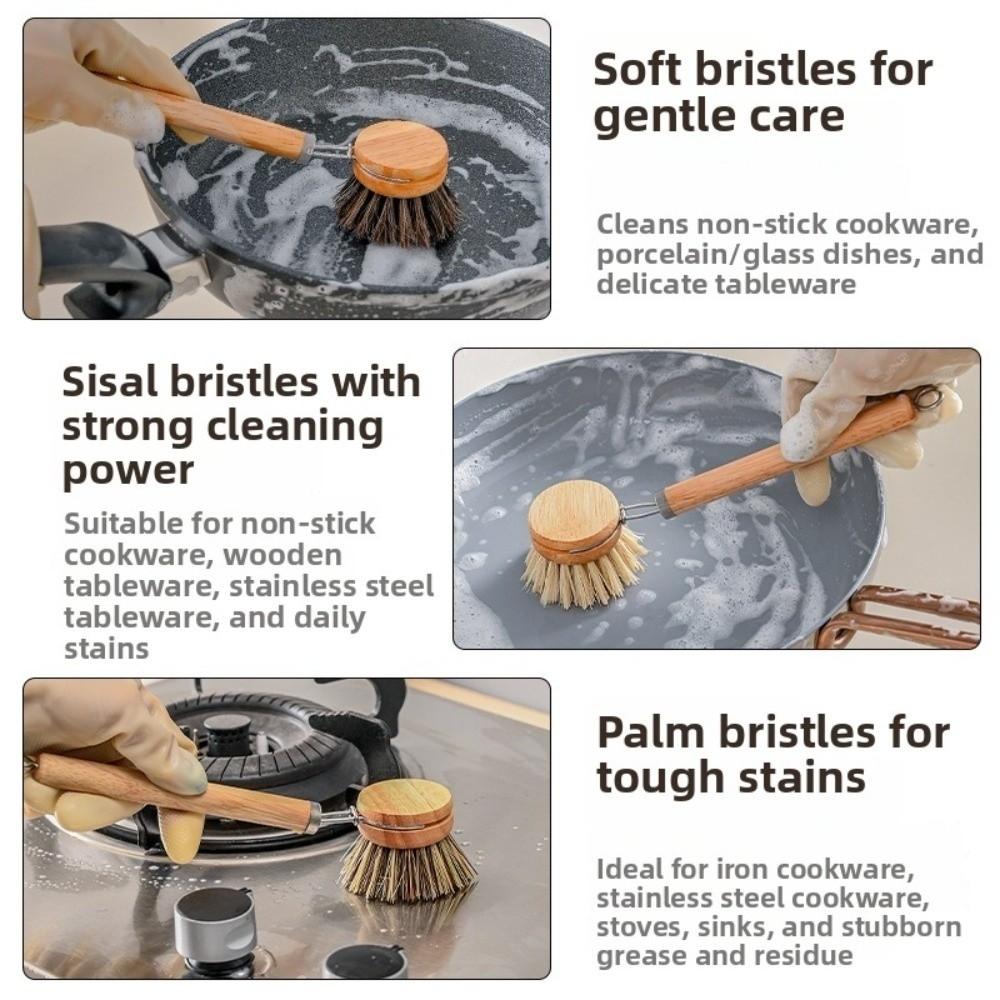 Wooden Handle Dish Pot Brush Replaceable Frying Pan Brush Kitchen Cleaning Brush  Home Cleaning