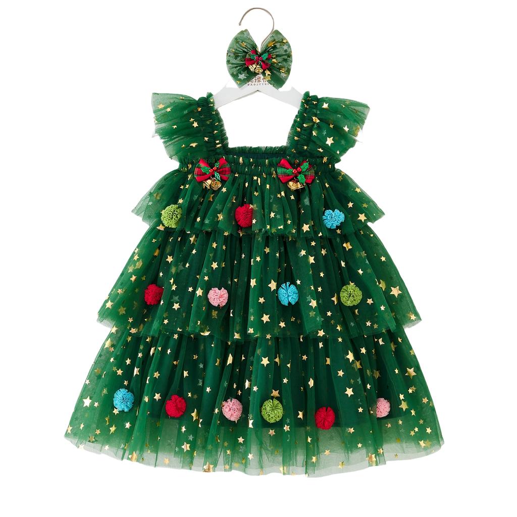 Children's Holiday Christmas Tree Tulle Dress with Spaghetti Straps Tiered Dress for Girls Party