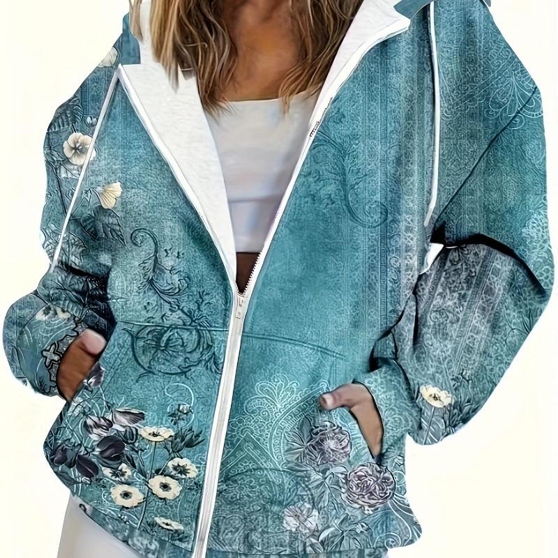 Printed Drawstring Hoodie Casual Long Sleeved Hoodie with Zip Pocket S