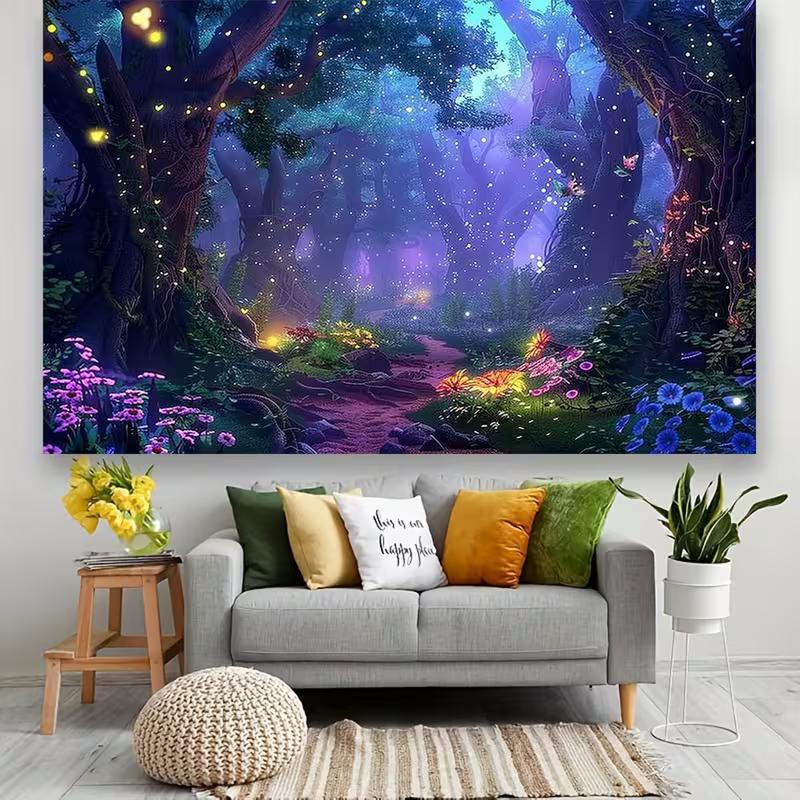 2D Enchanted Glowing Flower Forest Background Tapestry