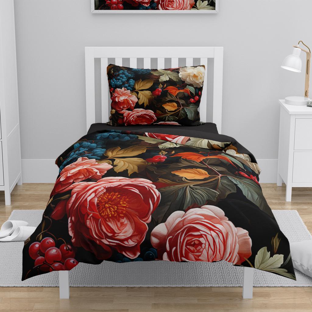 Vintage Rose Bedding Set Red Flower Duvet Cover Set Queen/King Size 240x220cm 260x220, Microfiber Fabric Bed Linen - Breathable