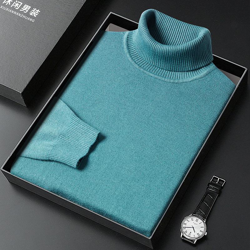 Men's High Neck Knit Sweater - Warm Solid Color Pullover for Middle-aged and Young Men