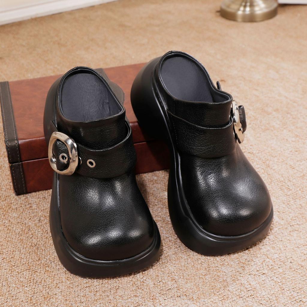 Johnature Genuine Leather Round Toe Thick Soled Shoes Retro Belt Buckle Outdoor Platform Slippers