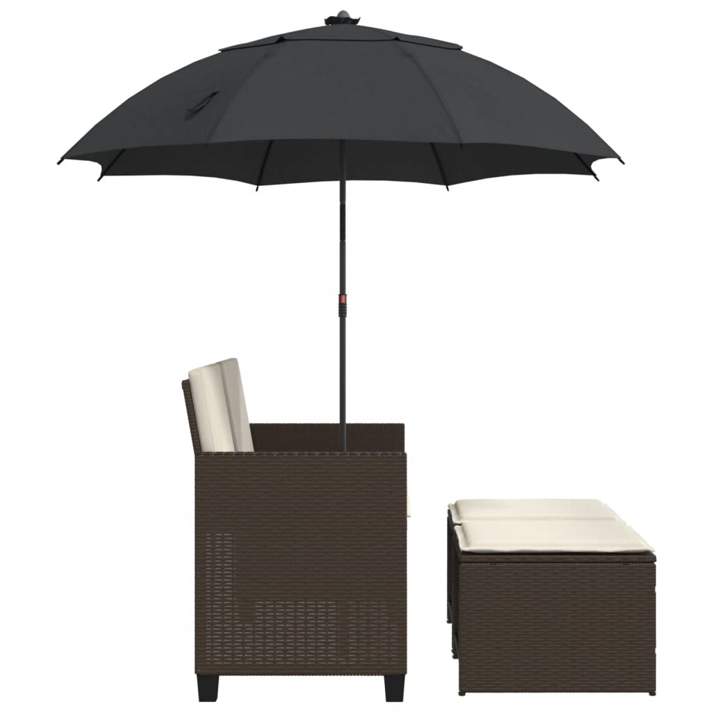 Garden Sofa 2 Seater with Sun Umbrella and Footstools Brown Poly Rattan