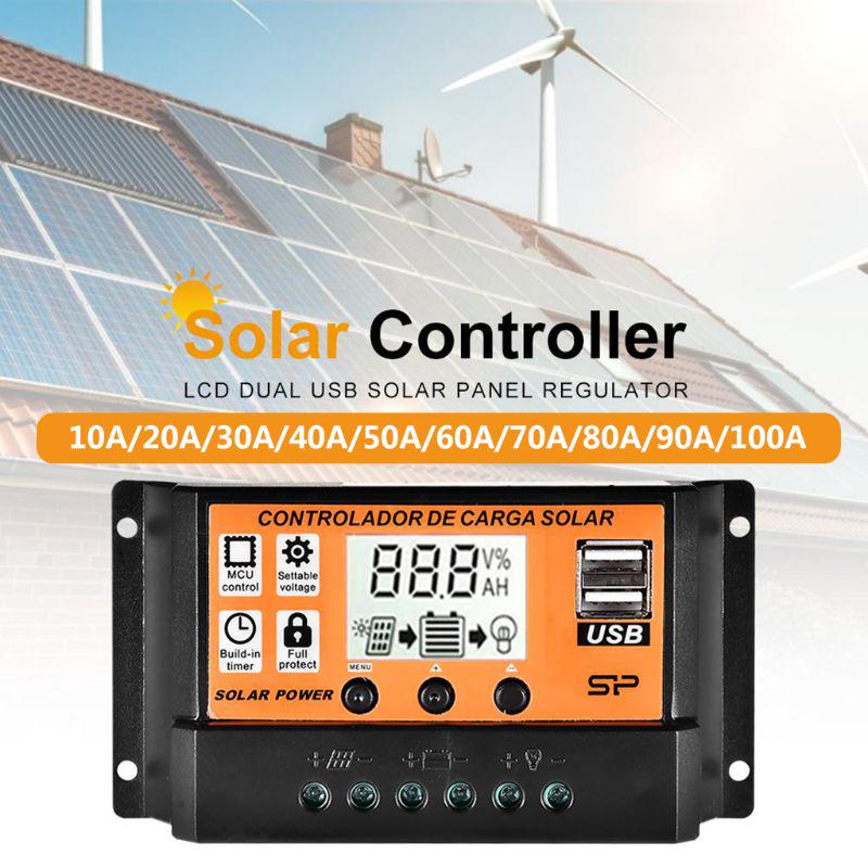 10A/20A/30A/40A/50A/60A/70A/80A/90A/100A Ecran LCD automat Controler de încărcare solară Regulator cu panou solar dublu USB 12V24V