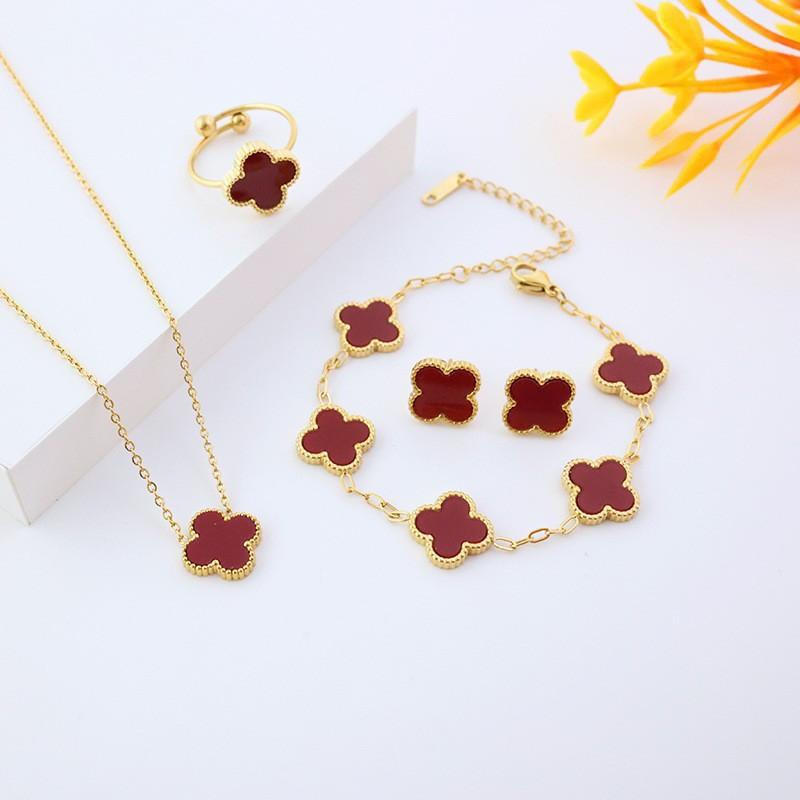 13mm Clover Pendant Necklace Earrings Bracelet Set Women Stainless Steel Cross Chain Pearl Shell Floral Jewelry