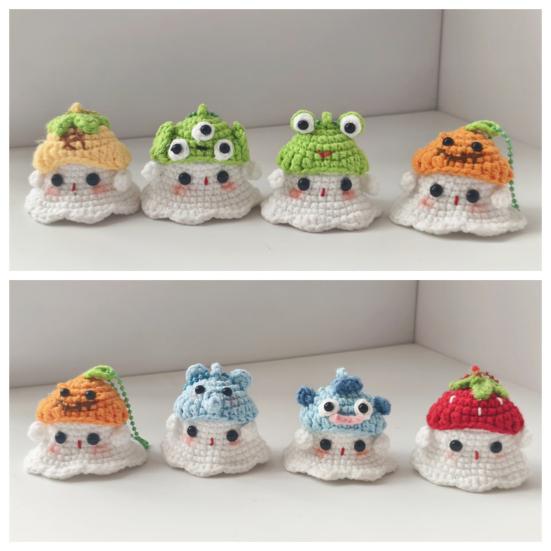 Halloween Crochet Ghost Ornament Cute Handmade Knitted Frog/Cat/Spider/Strawberry Ghost Hanging Decoration for Car Rearview Mirror Bag Charm