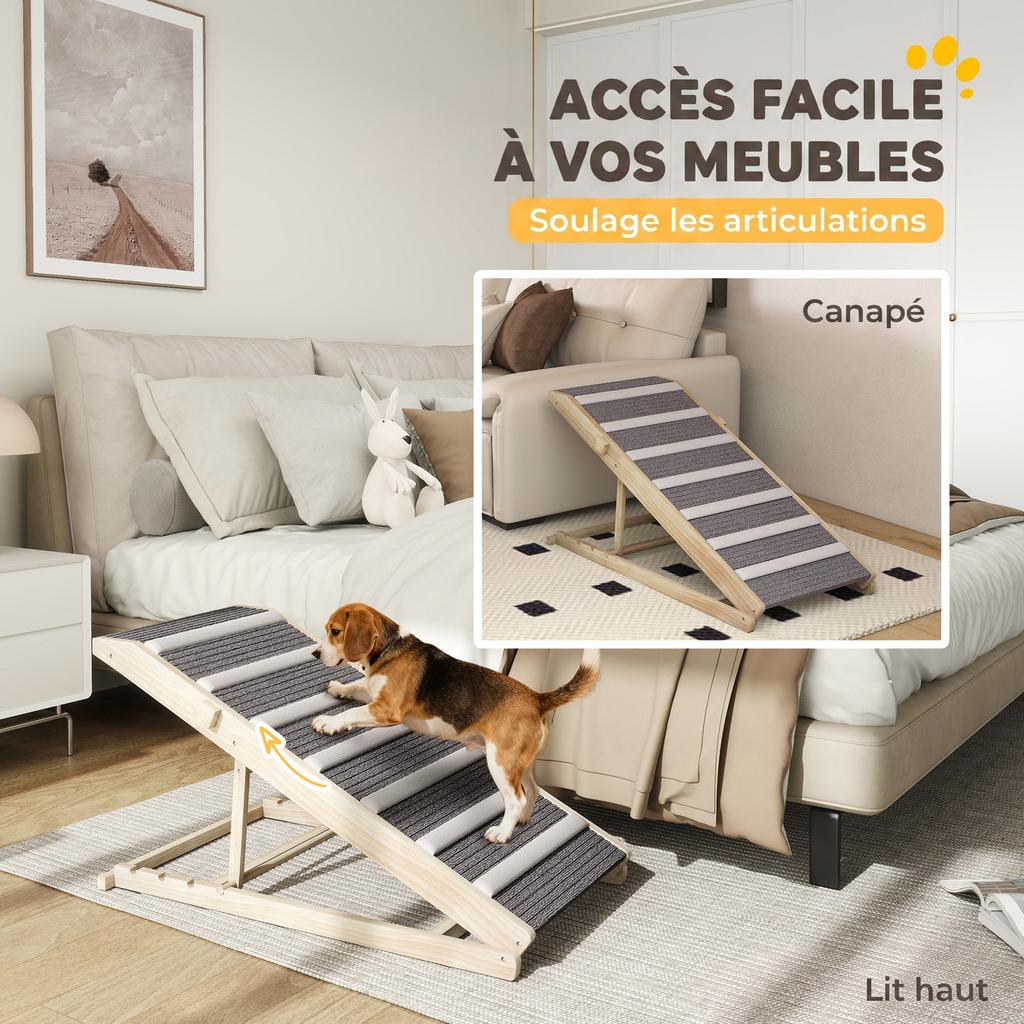 Dog Ramp, Wooden, Non-Slip Mats, 4 Heights 35-50 cm, 100 x 50 x 50 cm, Natural and Gray Wood