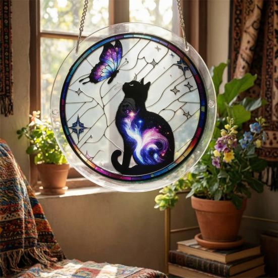 Akrylové puzzle Suncatcher Barevné kočky Motýli Květiny Závěsná ozdoba na okno Styl vitráže DIY sada Suncatcher pro dospělé