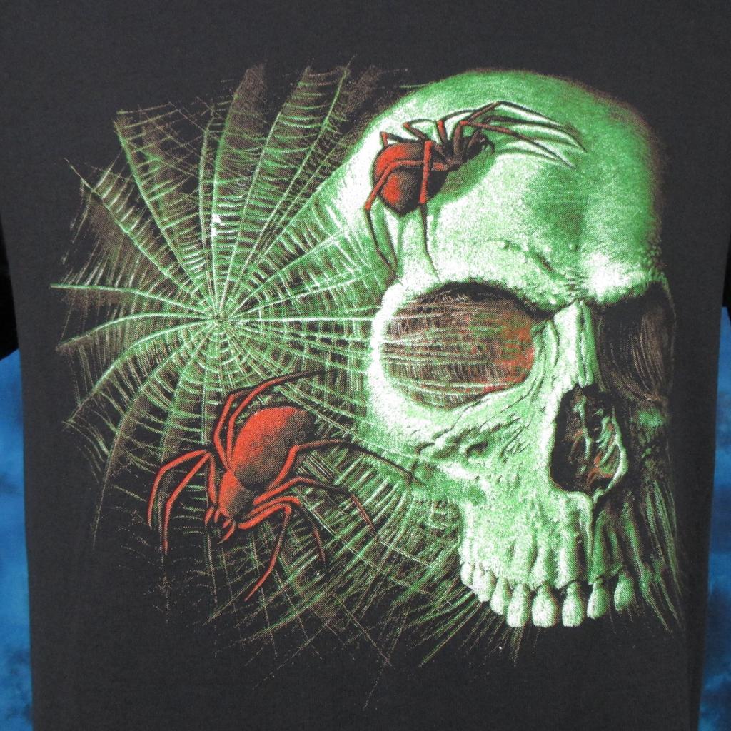 NOS Vintage 80s SPIDER WEB SKULL PAPER THIN T-Shirt MEDIUM Skeleton Halloween