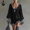 Women's Fashion Spring Fall Stripe Print Long Sleeve V-Neck Loose Waistline Casual Dresses