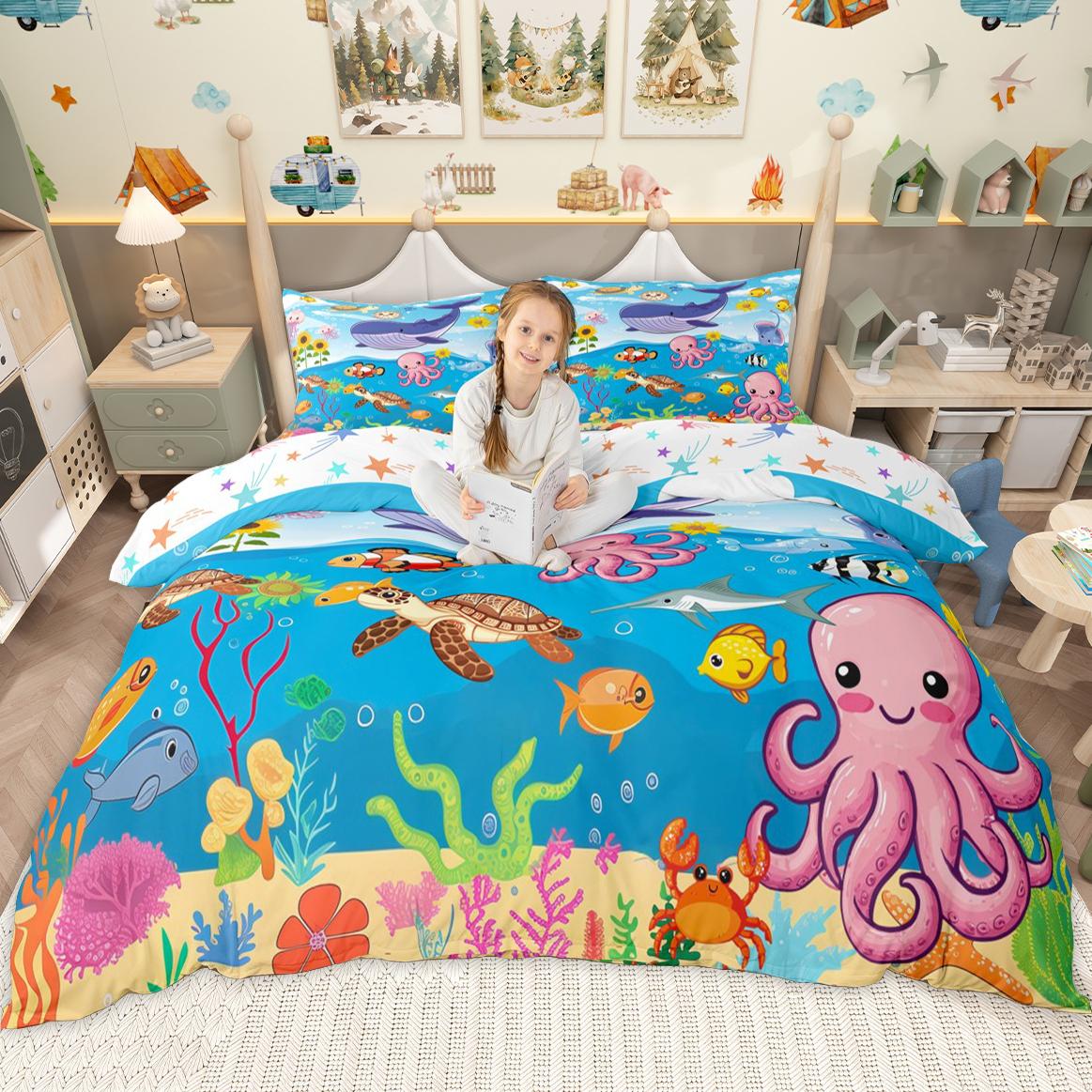 

Homewish Мультяшний Набір Підковдри з Морськими Тваринами для Дітей Хлопчиків Дівчаток, Набір для Ліжка з Китом Восьминогом Морською Зіркою, Набір Підковдри з Морською Рибою Крабом AU D 180x210cm 3pcs&set