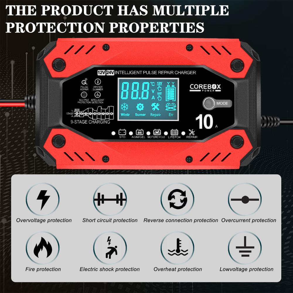 LCD Display Car and Motorcycle Battery Charging Devices Intelligent Maintenance of Lead Acid Battery 12V 10A AGM Automotive Battery Charger