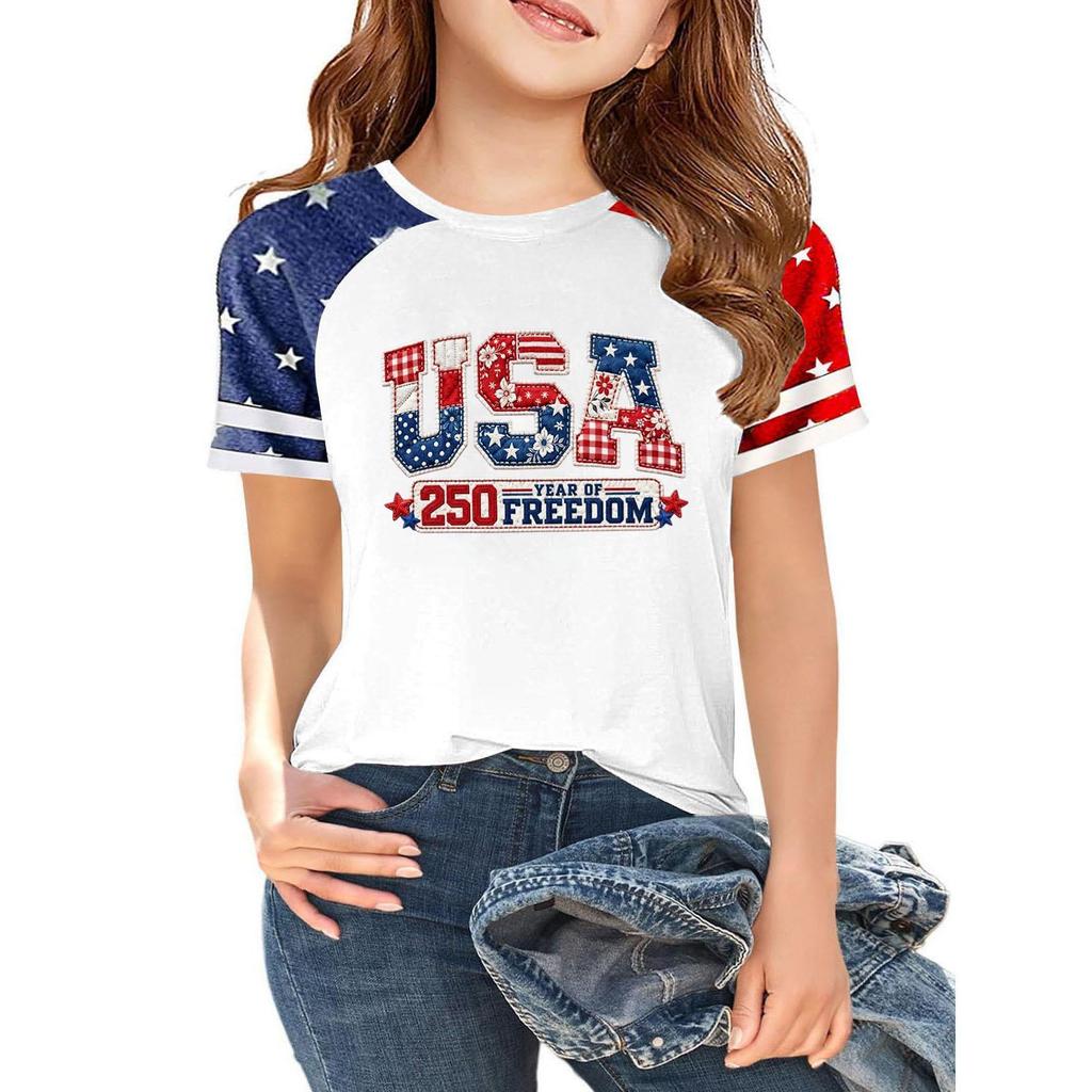Kids Independence Day Graphic T Shirt Short Sleeve Crew Neck Casual Tee Patriotic Print Lightweight Soft Fabric